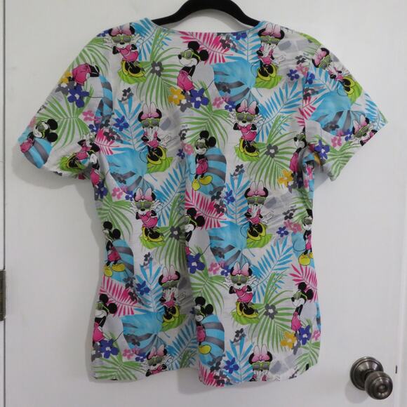 Disney Womens Sz M Blue Green Pink Minnie Mouse Tropical Scrub Top Short Sleeve - Picture 2 of 3